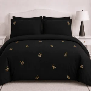 Black Gold Botanical Embroidered Bedding Set