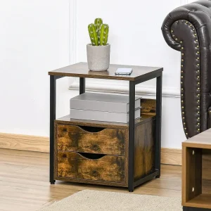 Industrial Side Table with 2 Storage Drawers for Living Room